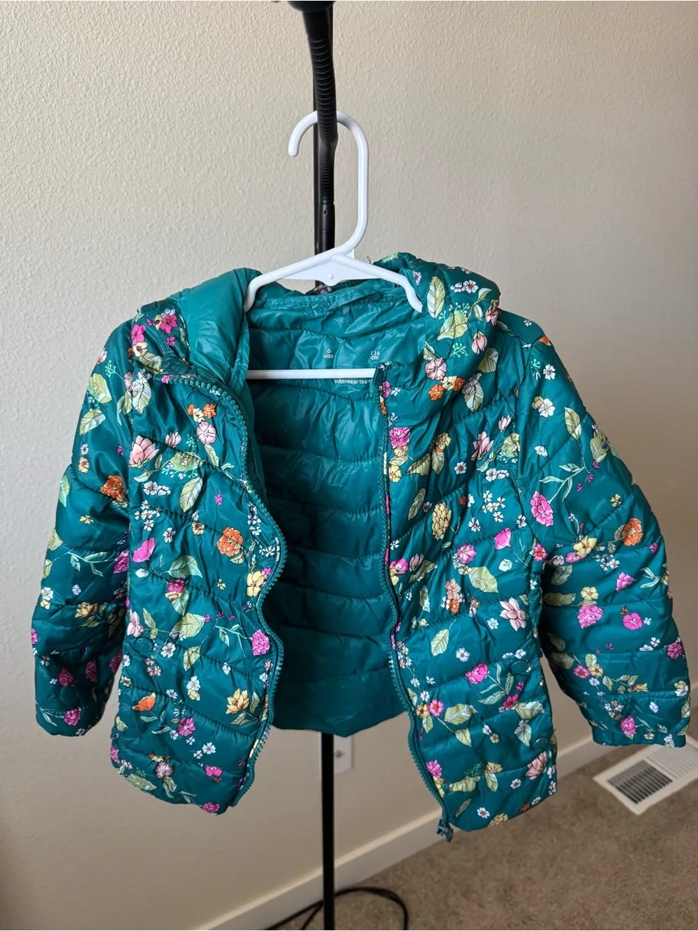 Zara Girls’ Teal Floral Hooded Puffer Coat